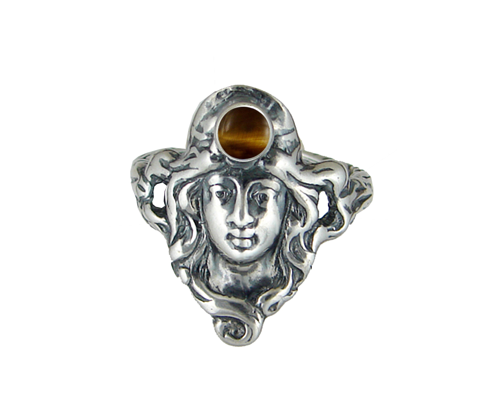 Sterling Silver Garden Woman Maiden Ring With Tiger Eye Size 6